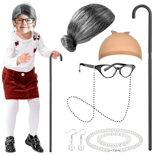Wood Homing Oma-Kostüm-Set, alte Dame, Verkleidung mit Perückenkappe, Perlen-Armband, Ohrring, Halskettenstock für Halloween, Welttag des Buches, elegantes Cosplay-Zubehör, inklusive Brille mit Kette Wood Homing Oma-Kostüm-Set, alte Dame, Verkleidung mit Perückenkappe, Perlen-Armband, Ohrring, Halskettenstock für Halloween, Welttag des Buches, elegantes Cosplay-Zubehör, inklusive Brille mit Kette von Wood Homing