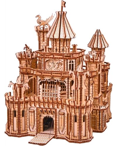 Wood Trick Dragon Castle Moveable Wooden 3D Puzzles for Adults and Kids to Build - Red LED - Greensleeves Melody - Towers Rotating - Engineering DIY Project Mechanical Model Kits for Adults Models von Wood Trick