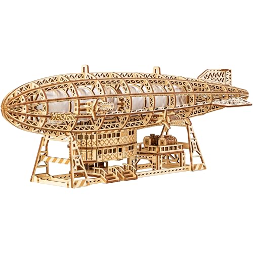 Wood Trick Leuchtende Zeppelin LED 3D Holzpuzzles für Erwachsene zum Bauen - Bewegliche Propeller & Schwanz - Inklusive Wandhalterung & Ständer - Engineering DIY Projekt Mechanische 3D Puzzle von Wood Trick