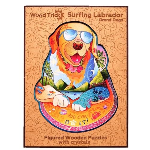 Wood Trick Surfing Labrador Holzpuzzle für Erwachsene und Kinder - Dekoriert mit schimmernden Kristallen - Tierische, einzigartig geformte, figurierte Puzzleteile - Premium-Qualität von Wood Trick