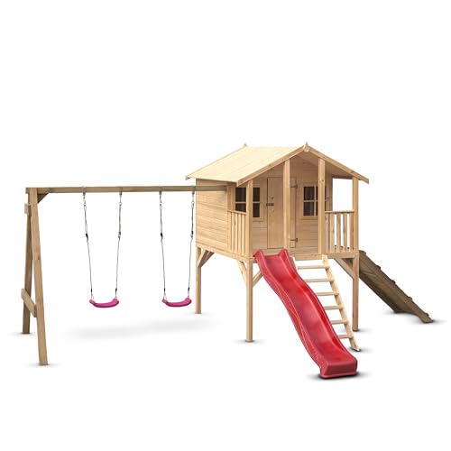 Wood & Play Borys Kinderspielhaus - DIY Einfacher Zusammenbau - Robuste und langlebige Konstruktion - Holz - Unbedenkliches, nachwachsendes Material - 425 x 300 cm + Rutsche, Schaukel und Rampe von Wood & Play