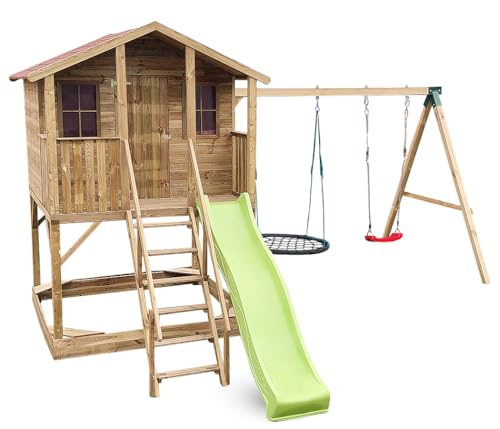 Wood & Play - Kinderspielhaus aus Holz mit Rutsche und Schaukel, Ola Spielhaus Kinder aus Echtholz, Outdoor Holzhaus Spielhütte, Gartenhaus für Kinder, Garten-Sommerhaus - Einfacher Aufbau Wood & Play - Kinderspielhaus aus Holz mit Rutsche und Schaukel, Ola Spielhaus Kinder aus Echtholz, Outdoor Holzhaus Spielhütte, Gartenhaus für Kinder, Garten-Sommerhaus - Einfacher Aufbau von Wood & Play