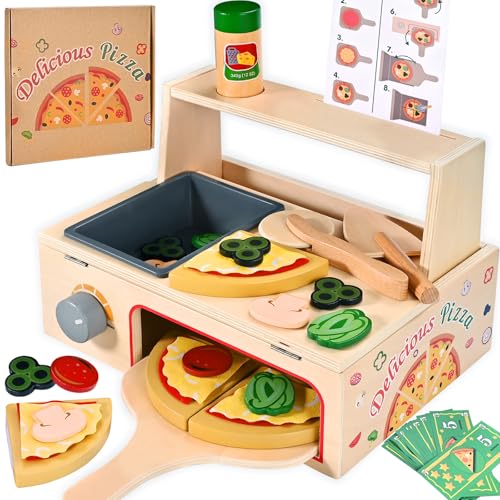 Wooderma Kinderküche Zubehör, Holz Pizza Spielzeug, Lebensmittel Spielzeug, Spielküchen Zubehör aus Holz mit Pizza Pizzaschneider, Rollenspiel Lernspielzeug Holzspielzeug - Jungen Mädchen Geschenk von Wooderma