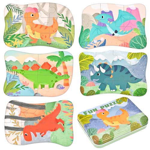 Wooderma Kinderpuzzle aus Holz, Dinosaurier & Tierpuzzle, Montessori-Holzpuzzle für Jungen & Mädchen ab 3, 4, 5 Jahren – Perfektes Lernspielzeug & Geschenk, Kinderspielzeug (5er-Pack) von Wooderma