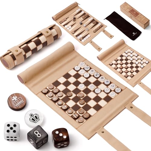 Woodronic 3 in 1 Schach Checkers Backgammon Set, Roll-up Reise Schach Brettspiel, Mikrofaser Leder Checkers Spiel Set für Erwachsene, Tragbares Reise Backgammon Spiel Set mit 32 Holzstücken und 5 Woodronic 3 in 1 Schach Checkers Backgammon Set, Roll-up Reise Schach Brettspiel, Mikrofaser Leder Checkers Spiel Set für Erwachsene, Tragbares Reise Backgammon Spiel Set mit 32 Holzstücken und 5 von Woodronic