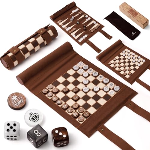 Woodronic 3 in 1 Schach Checkers Backgammon Set, Roll-up Reise Schach Brettspiel, Tragbares Reise Backgammon Spiel Set für Erwachsene, Mikrofaser Leder Checkers Game Set mit 32 Holzstücken und 5 Woodronic 3 in 1 Schach Checkers Backgammon Set, Roll-up Reise Schach Brettspiel, Tragbares Reise Backgammon Spiel Set für Erwachsene, Mikrofaser Leder Checkers Game Set mit 32 Holzstücken und 5 von Woodronic