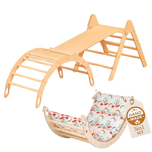WoodsCraft 3in1 Set: Kletterdreieck mit Rutsche Indoor/Klettern Rampe & Kletterbogen mit Kissen | Holz Montessori Klettergerüst Indoor Spielgeräte & Spielplatz | Klettern Kinder Indoor & Klettern Baby von WoodsCraft