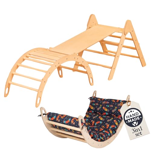 WoodsCraft 3in1 Set: Kletterdreieck mit Rutsche Indoor/Klettern Rampe & Kletterbogen mit Kissen | Holz Montessori Klettergerüst Indoor Spielgeräte & Spielplatz | Klettern Kinder Indoor & Klettern Baby von WoodsCraft