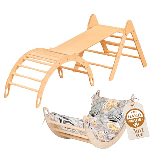 WoodsCraft 3in1 Set: Kletterdreieck mit Rutsche Indoor/Klettern Rampe & Kletterbogen mit Kissen | Holz Montessori Klettergerüst Indoor Spielgeräte & Spielplatz | Klettern Kinder Indoor & Klettern Baby von WoodsCraft