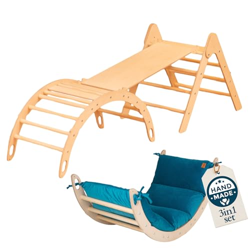 WoodsCraft 3in1 Set: Kletterdreieck mit Rutsche Indoor/Klettern Rampe & Kletterbogen mit Kissen | Holz Montessori Klettergerüst Indoor Spielgeräte & Spielplatz | Klettern Kinder Indoor & Klettern Baby von WoodsCraft