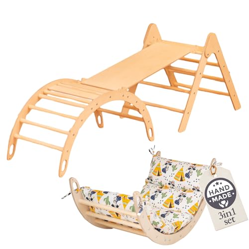 WoodsCraft 3in1 Set: Kletterdreieck mit Rutsche Indoor/Klettern Rampe & Kletterbogen mit Kissen | Holz Montessori Klettergerüst Indoor Spielgeräte & Spielplatz | Klettern Kinder Indoor & Klettern Baby von WoodsCraft