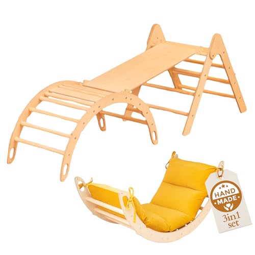 WoodsCraft 3in1 Set: Kletterdreieck mit Rutsche Indoor/Klettern Rampe & Kletterbogen mit Kissen | Holz Montessori Klettergerüst Indoor Spielgeräte & Spielplatz | Klettern Kinder Indoor & Klettern Baby von WoodsCraft