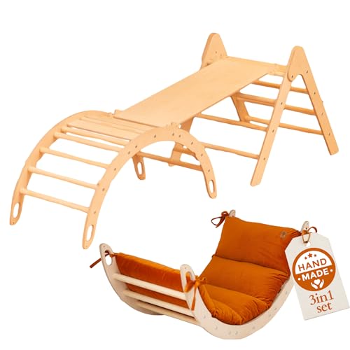 WoodsCraft 3in1 Set: Kletterdreieck mit Rutsche Indoor/Klettern Rampe & Kletterbogen mit Kissen | Holz Montessori Klettergerüst Indoor Spielgeräte & Spielplatz | Klettern Kinder Indoor & Klettern Baby von WoodsCraft