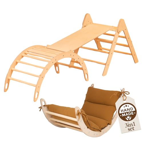 WoodsCraft 3in1 Set: Kletterdreieck mit Rutsche Indoor/Klettern Rampe & Kletterbogen mit Kissen | Holz Montessori Klettergerüst Indoor Spielgeräte & Spielplatz | Klettern Kinder Indoor & Klettern Baby von WoodsCraft