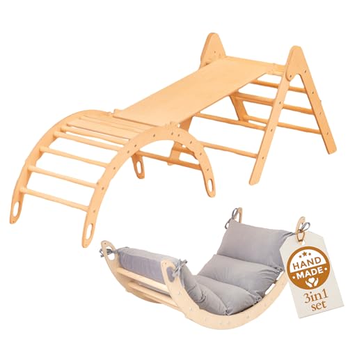 WoodsCraft 3in1 Set: Kletterdreieck mit Rutsche Indoor/Klettern Rampe & Kletterbogen mit Kissen | Holz Montessori Klettergerüst Indoor Spielgeräte & Spielplatz | Klettern Kinder Indoor & Klettern Baby von WoodsCraft