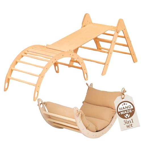 WoodsCraft 3in1 Set: Kletterdreieck mit Rutsche Indoor/Klettern Rampe & Kletterbogen mit Kissen | Holz Montessori Klettergerüst Indoor Spielgeräte & Spielplatz | Klettern Kinder Indoor & Klettern Baby von WoodsCraft