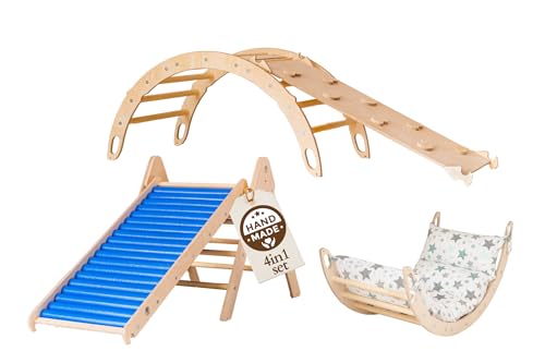 WoodsCraft 4in1 Set: Kletterdreieck mit Rutsche Indoor/Klettern Rampe, Rollenrutsche & Kletterbogen | Holz Montessori Klettergerüst Indoor Spielgeräte | Klettern Kinder Indoor & Klettern Baby von WoodsCraft