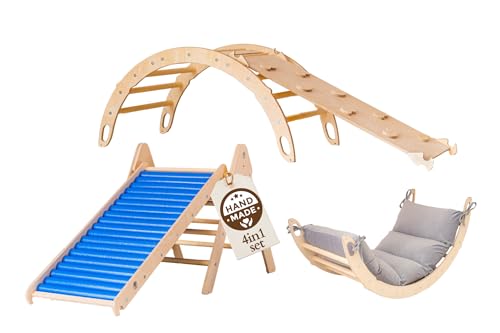 WoodsCraft 4in1 Set: Kletterdreieck mit Rutsche Indoor/Klettern Rampe, Rollenrutsche & Kletterbogen | Holz Montessori Klettergerüst Indoor Spielgeräte | Klettern Kinder Indoor & Klettern Baby von WoodsCraft