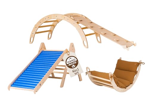 WoodsCraft 4in1 Set: Kletterdreieck mit Rutsche Indoor/Klettern Rampe, Rollenrutsche & Kletterbogen | Holz Montessori Klettergerüst Indoor Spielgeräte | Klettern Kinder Indoor & Klettern Baby von WoodsCraft