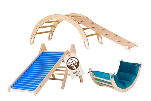 WoodsCraft 4in1 Set: Kletterdreieck mit Rutsche Indoor/Klettern Rampe, Rollenrutsche & Kletterbogen | Holz Montessori Klettergerüst Indoor Spielgeräte | Klettern Kinder Indoor & Klettern Baby von WoodsCraft