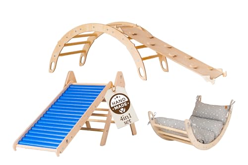 WoodsCraft 4in1 Set: Kletterdreieck mit Rutsche Indoor/Klettern Rampe, Rollenrutsche & Kletterbogen | Holz Montessori Klettergerüst Indoor Spielgeräte | Klettern Kinder Indoor & Klettern Baby von WoodsCraft