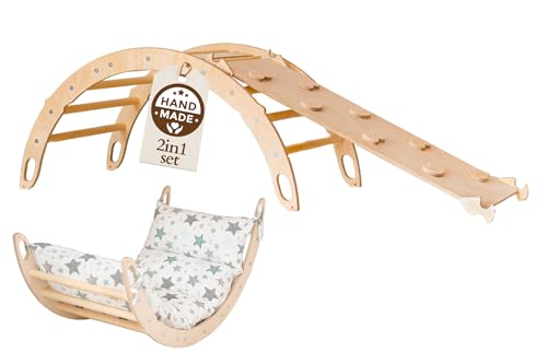 WoodsCraft Kletterbogen mit Kissen & Rutsche Indoor | Wippe Kinder & 2in1: Babyrutsche & Rampe | Holz Montessori Klettergerüst Indoor Spielgeräte & Spielplatz | Klettern Kinder Indoor & Klettern Baby von WoodsCraft