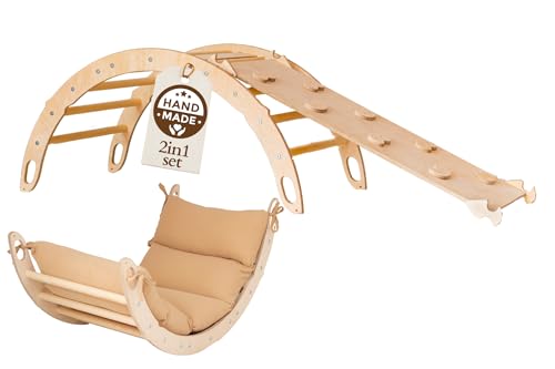 WoodsCraft Kletterbogen mit Kissen & Rutsche Indoor | Wippe Kinder & 2in1: Babyrutsche & Rampe | Holz Montessori Klettergerüst Indoor Spielgeräte & Spielplatz | Klettern Kinder Indoor & Klettern Baby von WoodsCraft
