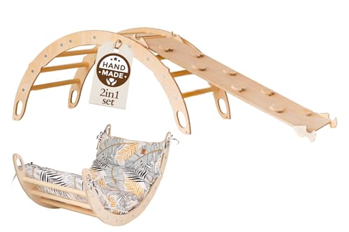 WoodsCraft Kletterbogen mit Kissen & Rutsche Indoor | Wippe Kinder & 2in1: Babyrutsche & Rampe | Holz Montessori Klettergerüst Indoor Spielgeräte & Spielplatz | Klettern Kinder Indoor & Klettern Baby von WoodsCraft