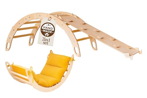 WoodsCraft Kletterbogen mit Kissen & Rutsche Indoor | Wippe Kinder & 2in1: Babyrutsche & Rampe | Holz Montessori Klettergerüst Indoor Spielgeräte & Spielplatz | Klettern Kinder Indoor & Klettern Baby von WoodsCraft