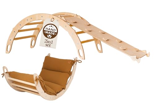WoodsCraft Kletterbogen mit Kissen & Rutsche Indoor | Wippe Kinder & 2in1: Babyrutsche & Rampe | Holz Montessori Klettergerüst Indoor Spielgeräte & Spielplatz | Klettern Kinder Indoor & Klettern Baby von WoodsCraft