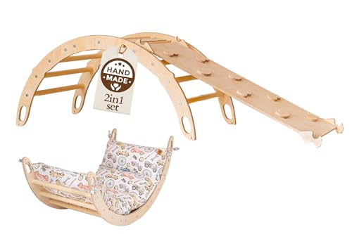 WoodsCraft Kletterbogen mit Kissen & Rutsche Indoor | Wippe Kinder & 2in1: Babyrutsche & Rampe | Holz Montessori Klettergerüst Indoor Spielgeräte & Spielplatz | Klettern Kinder Indoor & Klettern Baby von WoodsCraft