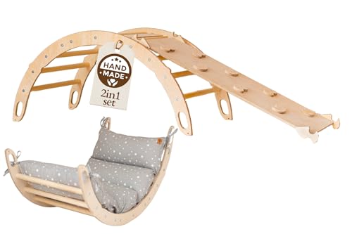WoodsCraft Kletterbogen mit Kissen & Rutsche Indoor | Wippe Kinder & 2in1: Babyrutsche & Rampe | Holz Montessori Klettergerüst Indoor Spielgeräte & Spielplatz | Klettern Kinder Indoor & Klettern Baby von WoodsCraft