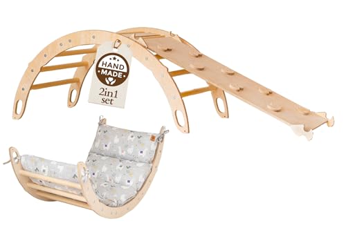 WoodsCraft Kletterbogen mit Kissen & Rutsche Indoor | Wippe Kinder & 2in1: Babyrutsche & Rampe | Holz Montessori Klettergerüst Indoor Spielgeräte & Spielplatz | Klettern Kinder Indoor & Klettern Baby von WoodsCraft