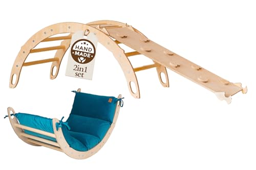 WoodsCraft Kletterbogen mit Kissen & Rutsche Indoor | Wippe Kinder & 2in1: Babyrutsche & Rampe | Holz Montessori Klettergerüst Indoor Spielgeräte & Spielplatz | Klettern Kinder Indoor & Klettern Baby von WoodsCraft