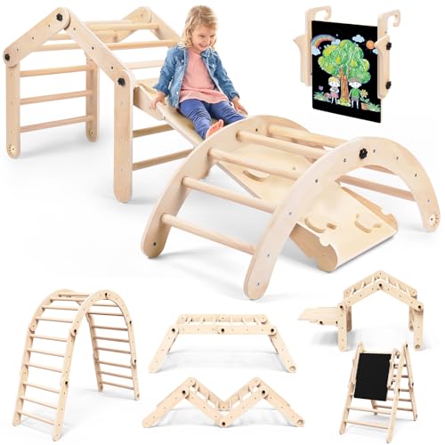 Woodure 7-in-1 Montessori Klettergerüst Indoor Set, Verformbares Kletterdreieck mit Rutsche & Kletterbogen, Hölzernes Pikler Dreieck zum Baby Klettern, Klettergerüst Montessori Spielzeug ab 1-6 Jahre von Woodure