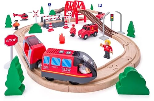 Woody Feuerwehr Eisenbahnset - Holzspielzeug Eisenbahn 60-teilig von Woody