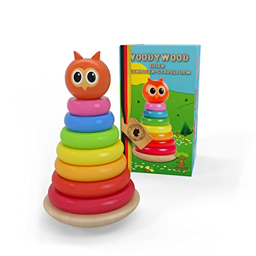 WoodyWood® - Eulen-Stapelturm aus Holz für Baby und Kinder ab 1 Jahr, 10-teilige Pyramide zum Stapeln, Baby Stapelturm mit Farbringen zur Förderung der Motorik und der Konzentration, Holzspielzeug von WoodyWood