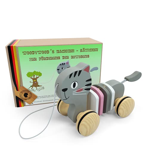 WoodyWood® Nachziehspielzeug Katze, Holzspielzeug für Babys und Kinder, Kinderspielzeug ab 1 Jahr zum Ziehen, Schieben, Spielen, Nachziehtier zur Förderung der Bewegung & Motorik (Katze) von WoodyWood