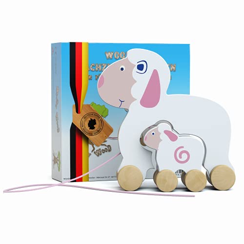WoodyWood® Nachziehspielzeug Schaf mit Lämmchen, Holzspielzeug für Babys und Kinder, Kinderspielzeug ab 1 Jahr zum Ziehen, Schieben, Spielen, Nachziehtier zur Förderung der Bewegung & Motorik von WoodyWood