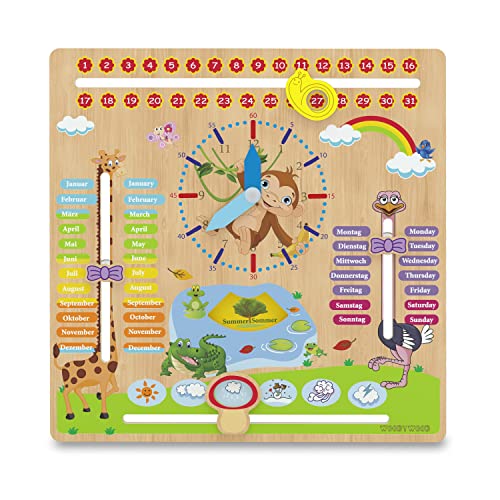 WoodyWood® Kalenderuhr für Kinder - Lernuhr aus Holz, zweisprachig, 30 X 30 cm - Montessori Jahresuhr zum Lernen der Uhrzeit, dem Datum, der Wochentage, Monate, Jahreszeiten und des Wetters von WoodyWood