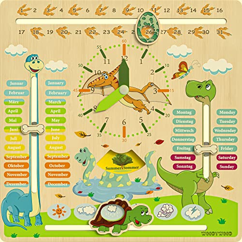 WoodyWood® Kalenderuhr für Kinder - Lernuhr aus Holz, zweisprachig, 30 X 30 cm - Montessori Jahresuhr zum Lernen der Uhrzeit, dem Datum, der Wochentage, Monate, Jahreszeiten und des Wetters von WoodyWood