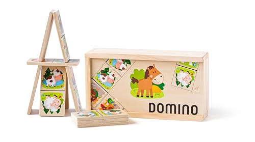 Woodyland 90093 Holz - Domino Legespiel Farm Animals in Holzbox mit Schiebedeckel von Woodyland