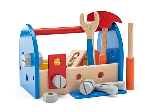 Woodyland 90104 Holz - Werkzeugkasten mit Tragefriff und Werkzeug. 18 TLG von Woodyland