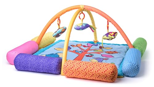 Woodyland Lernspielzeug Baby Spiel- und Krabbeldecke mit Spielbogen und 6 Spiel- Rollen von Woodyland