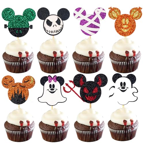 Wootkey 24 Stück Maus-inspirierte Halloween-Cupcake-Topper, Glitzer, niedlicher Geist, Halloween, Cupcake-Picks, Mumie, Kürbis, Micky, Halloween, Cupcake-Dekorationen, Babyparty, von Wootkey