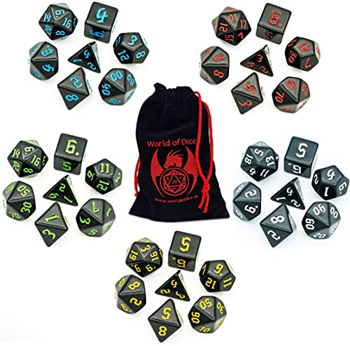 Pen and Paper Würfel Set - 35 polyedrische Würfel, ideal für Dungeons and Dragons (D&D), Das Schwarze Auge (DSA), Splittermond und alle weiteren RPG-Systeme (Set 3 (Midnight)) von World of Dice