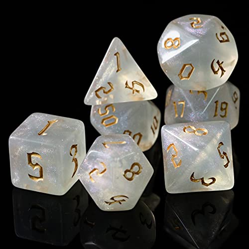 Pen and Paper Würfel Set - 7-teilig, Frosted Glitter Edition, polyedrische Rollenspiel-Würfel, für Dungeons and Dragons (D&D), Das Schwarze Auge (DSA), Aborea, Splittermond, Shadowrun (golden) von World of Dice