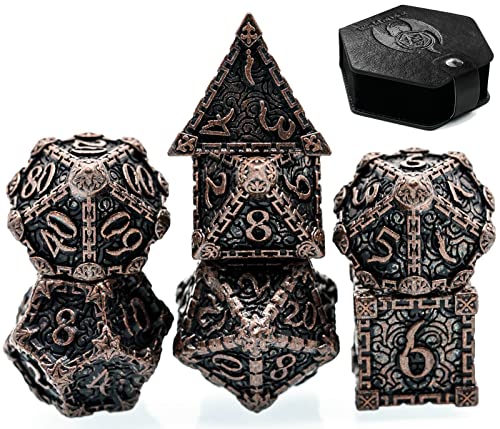 World of Dice - Deadly Dagger Serie - Pen & Paper Metallwürfelset, Würfelset für Dungeons and Dragons, DSA, 7 Würfel, W4 bis W20 (mit Etui, Rustikal Kupferfarben) von World of Dice