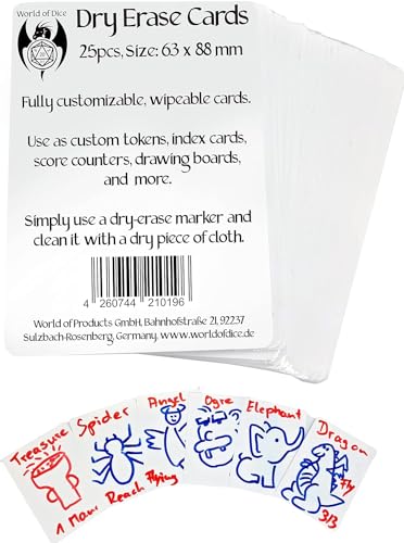 World of Dice - Dry Erase Token Set - 100 wiederbeschreibbare Blanko Karten für z. B. Magic The Gathering (MTG Tokens), Dungeons & Dragons (Spell Cards), eigene Kartenspiele (100 Stück (63 x 88 mm)) von World of Dice