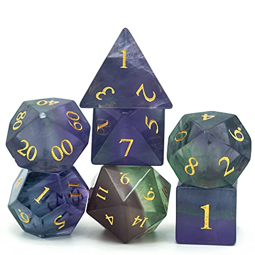 World of Dice - Fluorit Edition - edles Würfelset aus echtem Schmuckstein, 7-teiliges Würfelset für RPG, Pen and Paper, DND, DSA, D4 bis D20 von World of Dice
